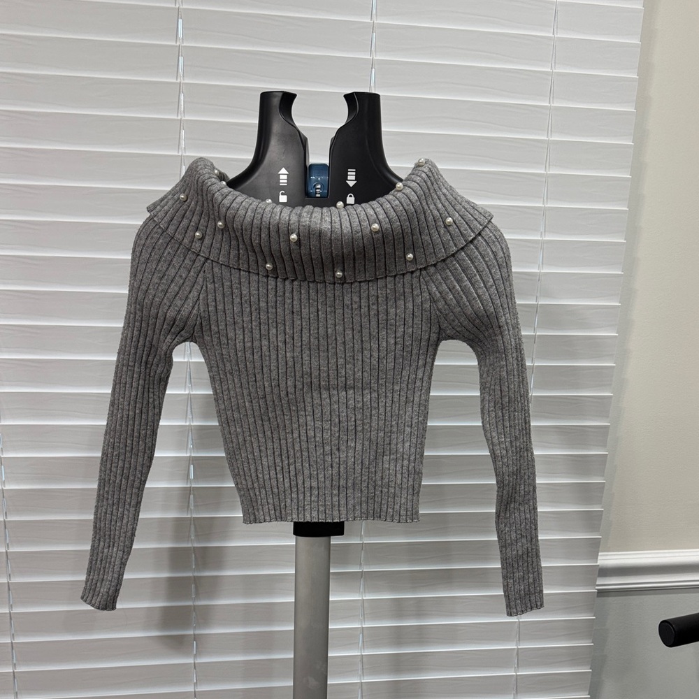 Sweet Rain Gray Ribbed Off-Shoulder Sweater with Pearl Accents